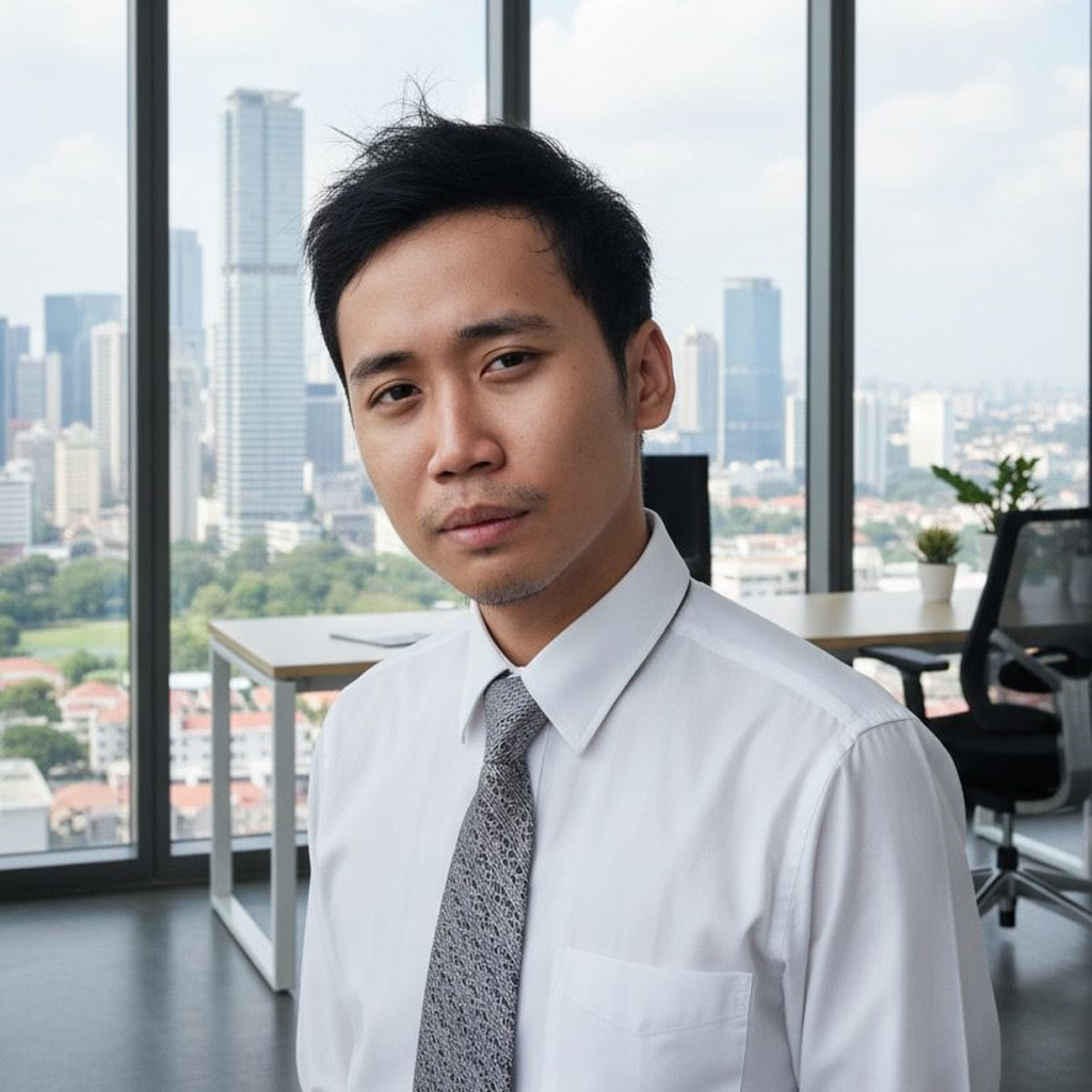 Portrait of Yan Gazalba, a professional network engineer with glasses smiling confidently
